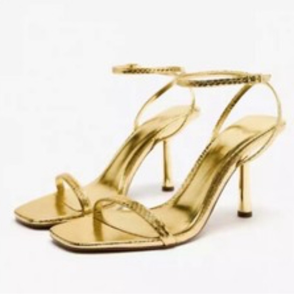🔴NEVER WORN | Zara Gold Strappy Heeled Sandals | Size 41